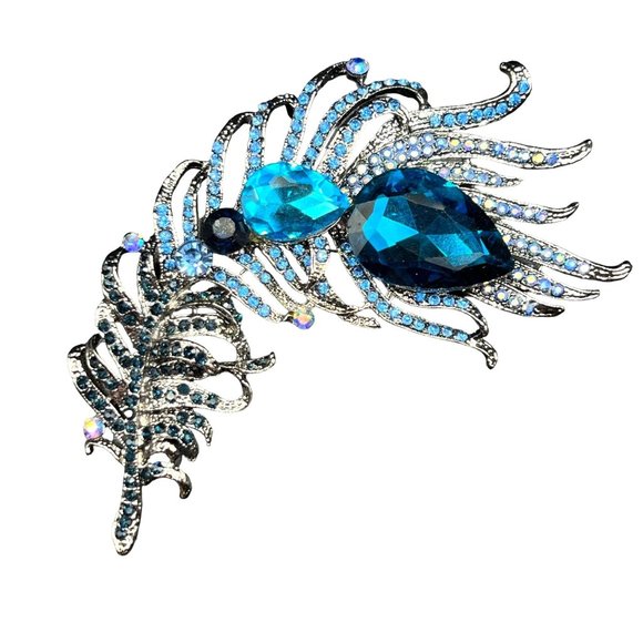 Feather Peacock Large Brooch Pin Lake Blue Crystal Silver Metal Colored Base - Picture 1 of 6